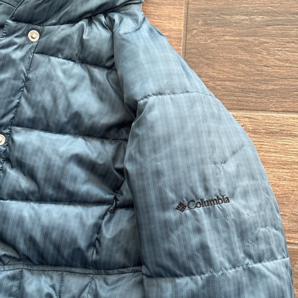 Columbia Down Puffer Jacket Women Medium Omni Shield Blue Hooded Faux Fur Trim - Picture 15 of 15